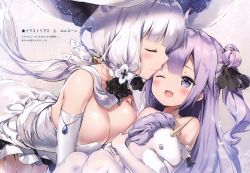Rule 34 | 2girls, ;d, absurdres, ahoge, all fours, azur lane, bare shoulders, black ribbon, blush, breasts, character name, choker, cleavage, closed eyes, closed mouth, collarbone, cowboy shot, criss-cross halter, dress, elbow gloves, floating hair, garter straps, gloves, hair bun, hair ornament, hair ribbon, halterneck, hat, highres, hug, huge filesize, hugging object, illustrious (azur lane), kiss, kissing eye, large breasts, legs up, long hair, looking up, low twintails, multiple girls, no bra, one eye closed, one side up, open mouth, purple eyes, purple hair, ribbon, riichu, ring hair ornament, side bun, sidelocks, simple background, single hair bun, single side bun, sitting, sleeveless, sleeveless dress, smile, strapless, strapless dress, stuffed animal, stuffed toy, stuffed unicorn, stuffed winged unicorn, sun hat, swimsuit, thighhighs, translation request, tress ribbon, tri tails, twintails, unicorn (azur lane), very long hair, white dress, white gloves, white hair, white hat, white legwear