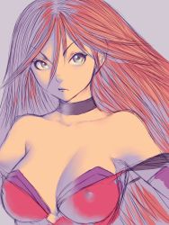 Rule 34 | 00s, 1girl, blue eyes, breasts, brown hair, bustier, choker, cleavage, covered erect nipples, dress, elbow gloves, feathers, flame master nyx, flipped hair, fumio (rsqkr), gloves, green eyes, grey background, hair between eyes, large breasts, long hair, looking at viewer, nyx (queen&#039;s blade), nyx (queen's blade), off shoulder, parted lips, purple gloves, queen&#039;s blade, red dress, red hair, simple background, sketch, solo, underwear, upper body, very long hair