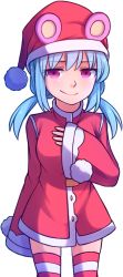 Rule 34 | 1girl, blue hair, coat, ears through headwear, eyes visible through hair, hand on own chest, hat, highres, long hair, long sleeves, looking at viewer, low twintails, nixie (rabi ribi), outline, pink eyes, rabi-ribi, santa costume, santa hat, simple background, sleeves past wrists, smile, solo, speckticuls, striped clothes, striped thighhighs, thighhighs, transparent background, twintails, white background, white outline, wide sleeves