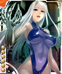 Rule 34 | 1girl, armpits, blue eyes, bodysuit, breasts, breasts apart, card (lr), card (medium), claws, covered erect nipples, covered navel, cowboy shot, fujisaki ai, gauntlets, hair intakes, hand up, hexagon, hip focus, impossible clothes, koukaku no ai, large breasts, long hair, official art, open mouth, shiny clothes, skin tight, smile, solo, taimanin (series), taimanin asagi battle arena all card gallery, taimanin asagi kessen arena, taut clothes, tongue, turtleneck, very long hair, white hair, zol