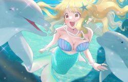 Rule 34 | 1girl, 39m27, bracelet, breasts, cleavage, collarbone, dolphin, highres, idolmaster, idolmaster cinderella girls, jewelry, large breasts, mermaid, monster girl, moroboshi kirari, nail polish, necklace, orange hair, pearl bracelet, pearl necklace, shell, shell bikini, smile, solo, sparkle, starfish hair ornament, thighhighs, underwater