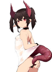 Rule 34 | 1girl, absurdres, ass, back, bikini, black bikini, black hair, breasts, dragon girl, dragon horns, dragon tail, dress, hair between eyes, hand on own ass, highres, horns, looking at viewer, miao yao cha, original, pointy ears, red eyes, see-through, simple background, small breasts, solo, swimsuit, tail, twintails, white background, white dress