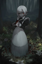 Rule 34 | absurdres, apron, black dress, blood, blood on face, blood on hands, bob cut, collared dress, colored skin, dress, fang, female goblin, frills, goblin, grey skin, highres, knife, maid, maid apron, napkin, original, outdoors, pointy ears, rizuy0, short hair, smile, stone, tree