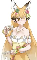 Rule 34 | 1girl, animal ear fluff, animal ears, bare shoulders, black hair, blonde hair, braid, breasts, collarbone, commentary, crown braid, cup, dress, extra ears, ezo red fox (kemono friends), flower, fox ears, fox girl, gradient hair, hair between eyes, hair flower, hair ornament, highres, holding, holding cup, jewelry, kemono friends, long hair, looking at viewer, medium breasts, multicolored hair, necklace, orange eyes, pearl necklace, simple background, smile, solo, tanabe (fueisei), very long hair, white background