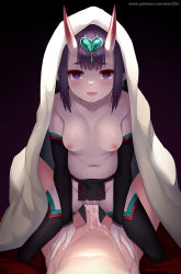 Rule 34 | 1girl, black background, black legwear, blanket, blush, breasts, clothed sex, collarbone, cowgirl position, cum, cum in pussy, detached sleeves, eyeliner, fang, fate/grand order, fate (series), forehead jewel, fundoshi, girl on top, gradient background, headpiece, heart, hetero, horns, japanese clothes, looking at viewer, low twintails, makeup, navel, nipples, oni, open mouth, penis, pointy ears, purple eyes, purple hair, revision, sex, short eyebrows, short hair, short twintails, shuten douji (fate), shuten douji (fate/grand order), shuten douji (halloween caster) (fate), simple background, skin-covered horns, small breasts, smile, solo focus, stomach, straddling, thighs, topless, twintails, uncensored, vaginal, watermark, web address, zen33n