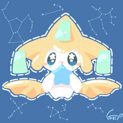 Rule 34 | aries (constellation), black eyes, blue background, blush stickers, constellation, creatures (company), dotted line, facial mark, game freak, gen 3 pokemon, highres, holding, holding star, jirachi, legendary pokemon, mythical pokemon, nintendo, no humans, no nose, open mouth, orion (constellation), pokemon, pokemon (creature), sagittarius (constellation), shiiru (kokenyo1207), signature, simple background, solo, star (symbol), star in eye, symbol in eye, tanzaku