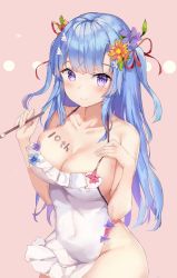 Rule 34 | 1girl, apron, blue hair, blush, body writing, breasts, flower, hair flower, hair ornament, hand on breast, lanyingchengzhi, large breasts, looking at viewer, naked apron, paintbrush, purple eyes, ribbon, simple background, smile, solo, thighs, third-party source