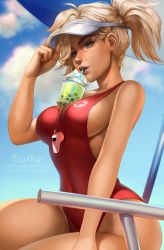Rule 34 | 1girl, artist name, baywatch, blonde hair, blue sky, breasts, bubble tea, bubble tea challenge, cloud, collarbone, covered navel, cup, day, disposable cup, drinking, drinking straw, eyebrows, eyelashes, fingernails, glint, hand on headwear, highres, large breasts, lifeguard, looking at viewer, mavoly, medium hair, meme, mercy (overwatch), nose, object on breast, one-piece swimsuit, outdoors, overwatch, overwatch 1, parted lips, pink lips, red one-piece swimsuit, sideboob, signature, sitting, sky, sleeveless, smile, solo, summer, swimsuit, visor cap, watermark, web address, whistle, whistle around neck