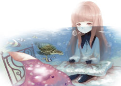 Rule 34 | 1girl, absurdres, air bubble, bed, bubble, deemo, fish, girl (deemo), highres, looking at viewer, mouth under water, partially submerged, shokujin hatefukuchuu, solo, turtle, walking by the sea (deemo), water