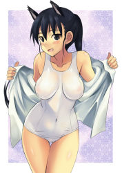 Rule 34 | 1girl, animal ears, bad id, black eyes, black hair, breasts, dog ears, impossible clothes, impossible swimsuit, kitagou fumika, kyogoku shin, long hair, medium breasts, one-piece swimsuit, open clothes, open shirt, school swimsuit, see-through, shirt, solo, strike witches, strike witches zero, swimsuit, white one-piece swimsuit, white school swimsuit, world witches series