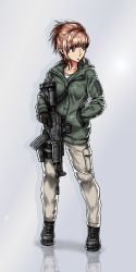 Rule 34 | 1girl, :t, assault rifle, between breasts, boots, breasts, brown eyes, brown hair, cargo pants, cross-laced footwear, galil ace 32, geococcyx, gun, gun sling, hand in pocket, highres, hood, hoodie, lace-up boots, medium breasts, mouth hold, original, pants, reflective floor, rifle, scope, short hair, solo, strap between breasts, trigger discipline, weapon