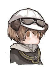 Rule 34 | absurdres, animal ears, arknights, baseball cap, black jacket, brown eyes, brown hair, buchi0122, closed mouth, cropped torso, goggles, goggles on headwear, grey sweater, greyy (arknights), hat, highres, hood, hood up, hooded jacket, jacket, ribbed sweater, simple background, solo, sweater, turtleneck, turtleneck sweater, upper body, white background, white hat