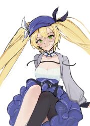 Rule 34 | 1girl, absurdres, artist name, black gloves, black pantyhose, blonde hair, blue dress, blue hat, breasts, choker, cleavage, closed mouth, collar, commentary, detached collar, dokibird (vtuber), dress, english commentary, feet out of frame, fingerless gloves, frilled collar, frills, gloves, green eyes, grey jacket, hat, highres, indie virtual youtuber, jacket, layered dress, long hair, long sleeves, looking at viewer, medium breasts, open clothes, open jacket, pantyhose, puffy long sleeves, puffy sleeves, simple background, single leg pantyhose, sitting, smile, solo, star (symbol), star choker, twintails, very long hair, virtual youtuber, wabiwasabi, watermark, white background
