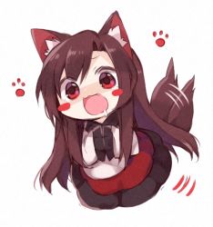 Rule 34 | 1girl, akagashi hagane, animal ears, blush, blush stickers, brown hair, chibi, dress, drooling, fang, hands in opposite sleeves, imaizumi kagerou, long hair, long sleeves, open mouth, paw print, red eyes, saliva, simple background, smile, solo, tail, tail wagging, touhou, white background, wide sleeves, wolf ears, wolf tail
