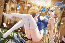 Rule 34 | 1girl, absurdres, animal ears, arm support, armpit crease, ass, blonde hair, blue archive, blue bow, blue eyes, blue footwear, blue halo, blue leotard, blurry, bow, bowtie, braid, breasts, card, cleavage, closed mouth, coin, crossed legs, depth of field, detached collar, devil heavens, earpiece, expressionless, fake animal ears, fake tail, full body, hair bow, halo, hand up, high heels, highleg, highleg leotard, highres, holding, holding card, indoors, leg up, legs, leotard, long hair, looking at viewer, medium breasts, multicolored hair, official alternate costume, playboy bunny, playing card, rabbit ears, rabbit tail, shoe dangle, sitting, skindentation, solo, strapless, strapless leotard, streaked hair, tail, thighhighs, thighs, toki (blue archive), toki (bunny) (blue archive), very long hair, white thighhighs, wrist cuffs