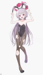 Rule 34 | 1girl, absurdres, animal ears, bandaged arm, bandages, black leotard, blue archive, breasts, fake animal ears, full body, gauze on cheek, grey hair, halo, highres, leotard, long hair, looking at viewer, open mouth, pantyhose, playboy bunny, red eyes, shuro (blue archive), simple background, small breasts, smile, solo, tachibana shiori (suica 112), thigh gap, torn clothes, torn pantyhose, very long hair, white background