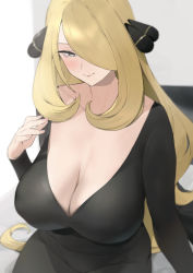 Rule 34 | 1girl, black dress, blonde hair, breasts, cleavage, closed mouth, collarbone, commentary, creatures (company), cynthia (pokemon), dress, fingernails, game freak, grey eyes, hair ornament, hair over one eye, hands up, huge breasts, ikuchan kaoru, long hair, long sleeves, looking at viewer, nintendo, pokemon, pokemon dppt, revision, simple background, smile, solo, very long hair, white background