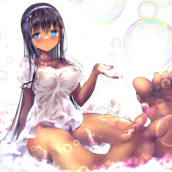 Rule 34 | 1girl, :o, arm at side, bad id, bad perspective, bad pixiv id, barefoot, black hair, black ribbon, blue eyes, blush, breasts, bright pupils, bubble, collarbone, dark-skinned female, dark skin, dress, feet, hairband, long hair, looking at viewer, md5 mismatch, medium breasts, original, panties, pantyshot, parted lips, ponytail korosuke, puffy short sleeves, puffy sleeves, red ribbon, ribbon, see-through, shirt, short dress, short sleeves, sitting, sketch, soap bubbles, soles, solo, straight hair, striped clothes, striped panties, toes, underwear, very long hair, wet, wet clothes, wet dress, wet shirt, white dress
