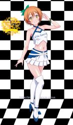 Rule 34 | 1girl, blush, boots, breasts, checkered background, checkered floor, collarbone, earrings, hair ornament, hair ribbon, hat, highres, hoshizora rin, jewelry, love live!, love live! school idol festival, love live! school idol project, maruze circus, medium breasts, midriff, miniskirt, navel, race queen, red hair, ribbon, skirt, smile, solo, thigh boots, thighhighs, yellow eyes