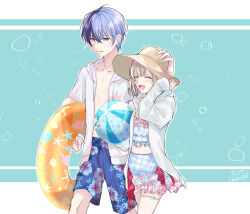 Rule 34 | 1boy, 1girl, alternate costume, anzu (moon 1014), artist name, ball, blonde hair, blue hair, dark blue hair, dated, drawstring, fingernails, floral print, grey eyes, hat, highres, holding, holding ball, holding swim ring, hood, hood down, innertube, jacket, jacket over swimsuit, long sleeves, midriff, mole, mole under eye, multicolored hair, open clothes, open jacket, open mouth, project sekai, short hair, short sleeves, short twintails, shorts, signature, split-color hair, sun hat, swim ring, swimsuit, twintails, two-tone hair