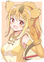 Rule 34 | 1girl, :d, absurdres, blonde hair, blush, breasts, brown background, circlet, commentary request, covered navel, elbow gloves, gloves, golden snub-nosed monkey (kemono friends), hair between eyes, highres, kemono friends, long hair, medium breasts, open mouth, orange gloves, ponytail, red eyes, shirt, sleeveless, sleeveless shirt, smile, solo, sunanuko (ramuneko), two-tone background, upper body, white background, yellow shirt