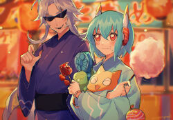 Rule 34 | 1boy, 1girl, alternate costume, blue hair, candy, commentary request, food, food on face, highres, holding, holding candy, holding food, inkamuko, japanese clothes, kura sushi, long hair, oito (bowstringsmall), outdoors, red eyes, short hair, sun, upper body, waruiman
