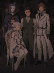Rule 34 | 1girl, 3boys, bare shoulders, belt, black hair, boots, breasts, brown hair, buttons, chair, cleavage, cloak, commentary request, detached sleeves, emilia (re:zero), gloves, hand in pocket, hand on another&#039;s shoulder, hands on lap, hat, high collar, highres, iwamushi, mini hat, multiple boys, natsuki subaru, own hands together, pants, re:zero kara hajimeru isekai seikatsu, reinhard van astrea, roswaal l. mathers, shirt, shoes, short hair, sitting, skirt, smile, standing, teeth, thigh boots, thighhighs, upper teeth only, vest, white footwear, white hair, white pants, white shirt