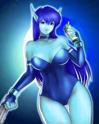 Rule 34 | 1girl, bare shoulders, blue choker, blue hair, blue skin, breasts, bridal gauntlets, choker, claw (weapon), cleavage, collarbone, colored skin, commentary request, covered navel, cowboy shot, dark blue gloves, dark blue hair, dark blue leotard, drink, elbow gloves, fingerless gloves, gloves, gradient background, highleg, highleg leotard, highres, holding, holding drink, juice box, large breasts, leotard, long pointy ears, looking at viewer, neifirst, phantasy star, pink eyes, planet, pointy ears, solo, space, strapless, strapless leotard, thigh gap, weapon, west-maison