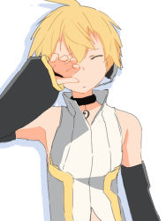 Rule 34 | 1boy, bare shoulders, bass clef, black sleeves, blonde hair, blouse, closed mouth, clothing cutout, d futagosaikyou, detached sleeves, closed eyes, facing viewer, furrowed brow, hand up, headphones, high collar, kagamine len, kagamine len (append), male focus, pendant choker, rubbing eyes, shadow, shirt, sleeveless, sleeveless shirt, solo, stomach cutout, upper body, vocaloid, vocaloid append, white background, white shirt