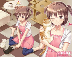 Rule 34 | 1girl, :d, ;), animal, animal hug, barefoot, blush, brown eyes, brown hair, cake, casual, cat, checkered floor, coffee, collarbone, floor, flower, food, hair flower, hair ornament, heart, hood, hoodie, indoors, kisugi akira, multiple views, one eye closed, open clothes, open hoodie, open mouth, original, pants, pants rolled up, short hair, short twintails, smile, table, twintails, two side up, wink