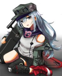 Rule 34 | 1girl, assault rifle, breasts, bullpup, caseless firearm, feet out of frame, g11 (girls&#039; frontline), girls&#039; frontline, green jacket, grey eyes, grey hair, gun, h&amp;k g11, hair between eyes, hat, jacket, knee pads, long hair, looking at viewer, lying, open clothes, open jacket, open mouth, red footwear, rifle, shirt, shoes, sleeveless, sleeveless shirt, small breasts, sneakers, solo, weapon, yanagui