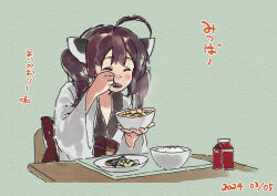 Rule 34 | 1girl, ^ ^, ahoge, blush, bowl, brown hair, closed eyes, dated, eating, facing viewer, food, food request, green background, headgear, holding, holding bowl, holding spoon, japanese clothes, kimono, lamb (hitsujiniku), long hair, long sleeves, obi, plate, rice, sash, simple background, solo, spoon, table, touhoku kiritan, translation request, twintails, voiceroid, white kimono, wide sleeves