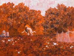 Rule 34 | 1girl, all fours, bird, completely nude, feral child, forest, full body, grass, green pheasant, highres, jizou, long hair, looking at viewer, mouth hold, nature, nude, orange background, orange eyes, orange hair, orange theme, original, painting (medium), pheasant, pink sky, rock, running, sky, solo, traditional media, tree, tsurikawa373