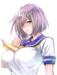 Rule 34 | 10s, 1girl, blue eyes, breasts, eyes visible through hair, hair ornament, hair over one eye, hairclip, hamakaze (kancolle), kantai collection, large breasts, looking at viewer, school uniform, serafuku, silver hair, solo, source request, zucchini