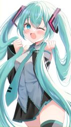 Rule 34 | 1girl, :d, aqua eyes, aqua hair, aqua necktie, black skirt, black thighhighs, blush, collared shirt, commentary request, detached sleeves, grabbing own hair, grey shirt, hair ornament, hamico, hatsune miku, highres, long hair, long sleeves, looking at viewer, miku day, necktie, open mouth, shirt, simple background, skirt, smile, solo, standing, thighhighs, thighs, twintails, very long hair, vocaloid, white background