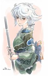 Rule 34 | 10s, 1girl, alternate costume, asymmetrical hair, braid, broom, from side, furisode, hair between eyes, japanese clothes, jitome, kantai collection, kimono, looking at viewer, parted lips, pink background, silver hair, simple background, single braid, solo, suzumaru, unryuu (kancolle), upper body, wavy hair