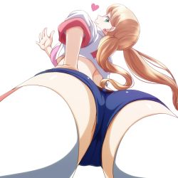 Rule 34 | 1girl, ass, bare back, blonde hair, bra, breasts, buruma, crotch seam, earrings, from below, green eyes, gundam, gundam tekketsu no orphans, hand on own hip, heart, heart earrings, highres, jewelry, lafter frankland, long hair, looking at viewer, looking down, pink bra, simple background, sleeves rolled up, smile, solo, sportswear, thighhighs, twintails, underboob, underwear, watarui, waving, white background, white thighhighs
