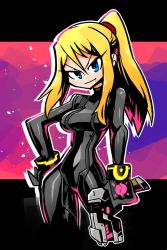 Rule 34 | 1girl, alternate color, blonde hair, blue eyes, bodysuit, breasts, contrapposto, grey bodysuit, gun, hair tie, head tilt, holding, holding gun, holding weapon, large breasts, letterboxed, looking at viewer, metroid, mole, mole under eye, mole under mouth, nintendo, outside border, ponytail, rariatto (ganguri), samus aran, smile, solo, standing, weapon, wristband, zero suit