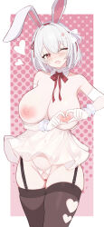 1girl absurdres animal_ears azur_lane black_thighhighs blush bow bowtie breasts breasts_out censored clothing_cutout crotchless crotchless_panties detached_collar dress fake_animal_ears garter_straps gloves hairband heart heart_censor heart_cutout heart_hands highleg highleg_panties highres huge_breasts londom_(lonhomewell) looking_at_viewer nipple_stimulation nipple_tweak nipples one_eye_closed open_mouth panties rabbit_ears red_bow red_bowtie red_eyes red_hairband revealing_clothes short_dress short_hair sirius_(azur_lane) smile solo standing thighhighs underwear white_dress white_gloves white_hair white_panties wrist_cuffs