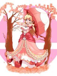 Rule 34 | 1girl, blonde hair, blue eyes, cherry blossoms, crown, dress, elbow gloves, full body, gloves, hair between eyes, highres, holding, holding umbrella, long dress, long hair, looking at viewer, mario (series), mini crown, nintendo, ornate clothes, parasol, pink dress, princess peach, puffy short sleeves, puffy sleeves, short sleeves, smile, softp3ach, solo, super mario bros. 1, super smash bros., tree, umbrella, white gloves