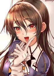 Rule 34 | 1girl, :d, ashigara (kancolle), blush, brown eyes, brown hair, commentary request, fake horns, gloves, hairband, heart, heart-shaped pupils, highres, horned headwear, horns, jacket, kantai collection, long hair, military, military uniform, open mouth, purple jacket, sazamiso rx, smile, solo, symbol-shaped pupils, tongue, tongue out, twitter username, uniform, white gloves, white hairband