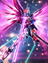 Rule 34 | asteroid, clenched hand, commentary request, destiny gundam spec ii, energy sword, energy wings, explosion, eye trail, glowing, glowing eyes, glowing hands, green eyes, gundam, gundam seed, gundam seed freedom, highres, holding, holding sword, holding weapon, laser, legs apart, light particles, light trail, mecha, mecha focus, mobile suit, no humans, robot, science fiction, solo, space, star (sky), sword, v-fin, weapon, youiki