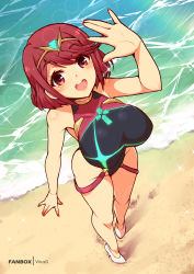 Rule 34 | bikini, black bikini, black one-piece swimsuit, breasts, chest jewel, competition swimsuit, covered collarbone, covered navel, gem, hair ornament, headpiece, highres, jewelry, large breasts, neon trim, nintendo, one-piece swimsuit, pyra (pro swimmer) (xenoblade), pyra (xenoblade), red bikini, red eyes, red hair, red one-piece swimsuit, ribbed swimsuit, short hair, solo, strapless, strapless bikini, swept bangs, swimsuit, tiara, two-tone swimsuit, virus-g, xenoblade chronicles (series), xenoblade chronicles 2