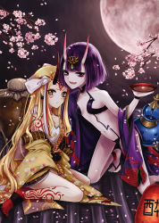 Rule 34 | 2girls, :d, barefoot, between legs, blonde hair, breasts, cleavage, facial mark, fangs, fate/grand order, fate (series), flower, hair ribbon, hand between legs, hand on another&#039;s shoulder, highres, horns, ibaraki douji (fate), japanese clothes, kimono, kneeling, long hair, looking at viewer, momokitty, moon, multiple girls, navel, night, off shoulder, open mouth, outdoors, petals, pink flower, pointy ears, purple eyes, purple hair, ribbon, rooftop, short hair, shuten douji (fate), shuten douji (first ascension) (fate), sitting, small breasts, smile, very long hair, white ribbon, yellow eyes, yellow kimono