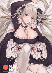 Rule 34 | 1girl, azur lane, bare shoulders, between breasts, black dress, blush, breasts, cleavage, dress, earrings, formidable (azur lane), frilled dress, frills, grey hair, hair ribbon, jewelry, large breasts, long hair, long sleeves, looking at viewer, lying, muunai, on back, red eyes, ribbon, solo, thighhighs, twintails, two-tone dress, two-tone ribbon, very long hair, white thighhighs