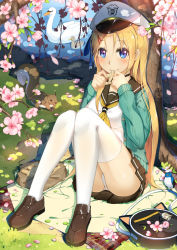 Rule 34 | 1girl, aircraft, airplane, animal bag, animal print, bad id, bad pixiv id, bird, bird (symbol), black skirt, blonde hair, blue eyes, blush, box, breasts, brown footwear, cardigan, cat bag, cat print, dappled sunlight, eating, eyebrows, flower, food, food on face, full body, grass, hat, highres, holding, holding food, charm (object), lake, loafers, long hair, long sleeves, looking at viewer, lu&quot;, on ground, open cardigan, open clothes, outdoors, panties, pantyshot, peaked cap, pink flower, plaid, pleated skirt, rock, saratoga (warship girls r), school uniform, serafuku, shoes, sitting, skirt, solo, sparkle, squirrel, sunlight, swan, thighhighs, tree, under tree, underwear, warship girls r, water, white panties, white thighhighs