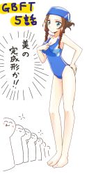 Rule 34 | 10s, 1girl, braid, brown hair, competition swimsuit, green eyes, gundam, gundam build fighters, gundam build fighters try, kamiki mirai, long hair, moro (like the gale!), one-piece swimsuit, standing, swim cap, swimsuit, twin braids