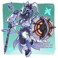 Rule 34 | 1girl, armor, artist name, artist request, black bodysuit, blue eyes, bodysuit, bug, butterfly, chibi, commission, female focus, fighting stance, highres, holding, holding shield, holding sword, holding weapon, insect, long hair, looking at viewer, mask, mask on head, mask over one eye, mouth mask, sandals, shield, solo, solo focus, sword, swordsoul of mo ye, thighhighs, thighs, twitter username, very long hair, weapon, white hair, yu-gi-oh!, yu-gi-oh! duel monsters