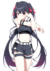 Rule 34 | 1girl, arm strap, bare shoulders, belt, black hair, black shirt, black shorts, choker, commentary request, cowboy shot, crop top, gradient hair, hair ribbon, highleg, highres, ichiki 1, long hair, looking at viewer, midriff, multicolored hair, navel, original, red eyes, red ribbon, ribbon, shirt, short shorts, shorts, simple background, sleeveless, sleeveless shirt, solo, stomach, stretching, thighs, twintails, very long hair, white background