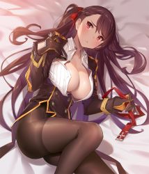 Rule 34 | 1girl, ass, black gloves, black pantyhose, blush, braid, breasts, closed mouth, dress, frown, girls&#039; frontline, gloves, hair ribbon, half updo, hands up, holding, large breasts, long hair, looking at viewer, lying, necktie, on back, one side up, open clothes, open shirt, pantyhose, popqn, purple eyes, purple hair, red ribbon, ribbon, short dress, solo, swept bangs, thighband pantyhose, tsurime, wa2000 (girls&#039; frontline)